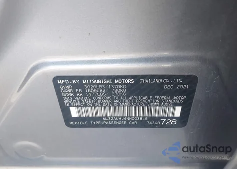 2022 Mitsubishi Mirage Es/Le z USA, uszkodzony, nr VIN ML32AUHJ4NH003845
